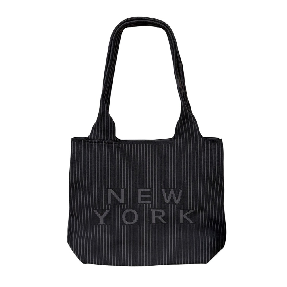New York Pinstripe Knit Tote Bag Black Grey Ribbed Shoulder Bag stretchy classy